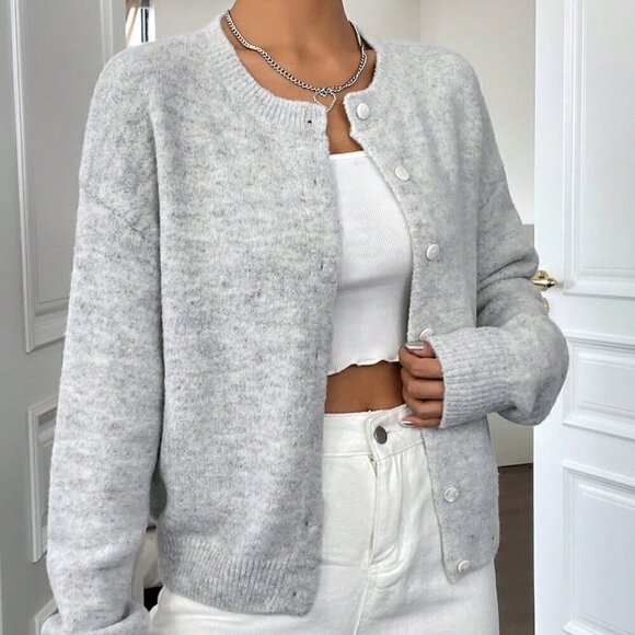 Grey Casual Women's Drop Shoulder Button Front Cardigan - Picture 3 of 7